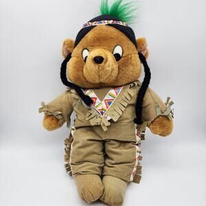 Vintage Goffa Indian Native American Teddy Bear Plush 16" Braided Hair Flat Eyes